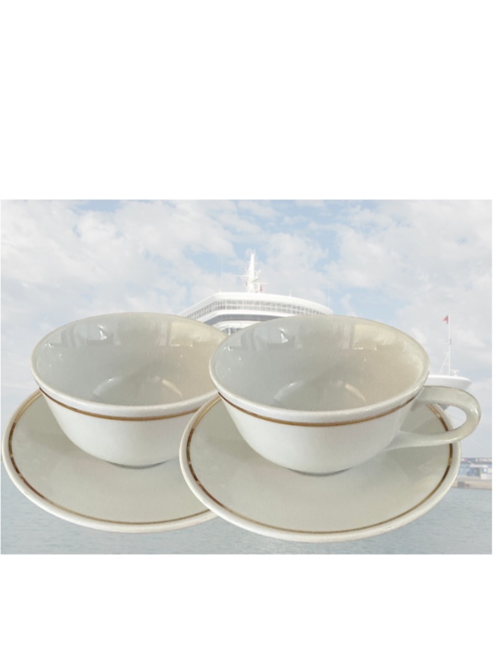 Wedgwood England Cunard Line Gold Rim Cups & Saucers Set of 2